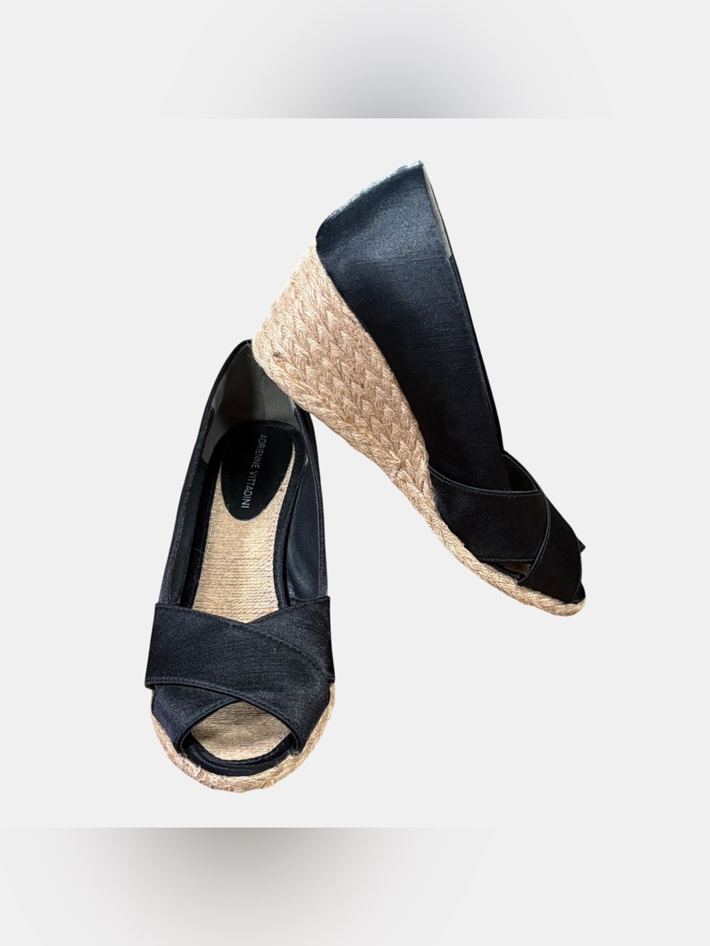 Adrienne Vittadini AV Bailey Black Satin Espadrille Wedge Peep Toe Women’s 8.5